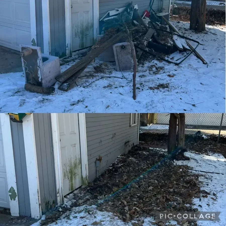 Outdoor junk and debris removal from snowy yard area next to garage