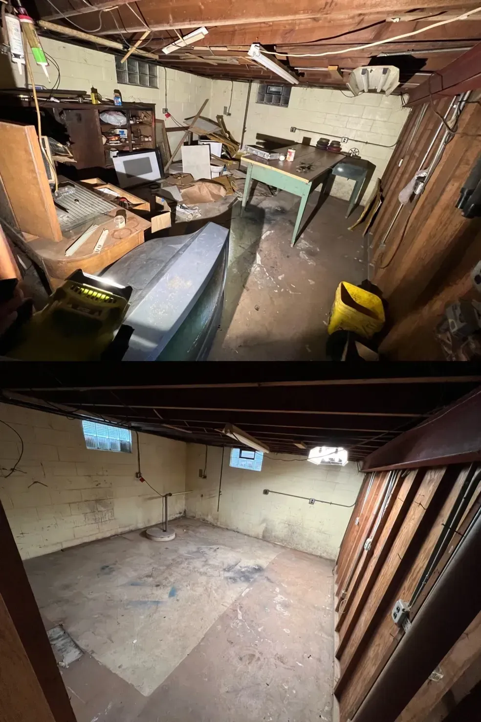 Basement clean out before and after showing clutter removal and full junk haul-away