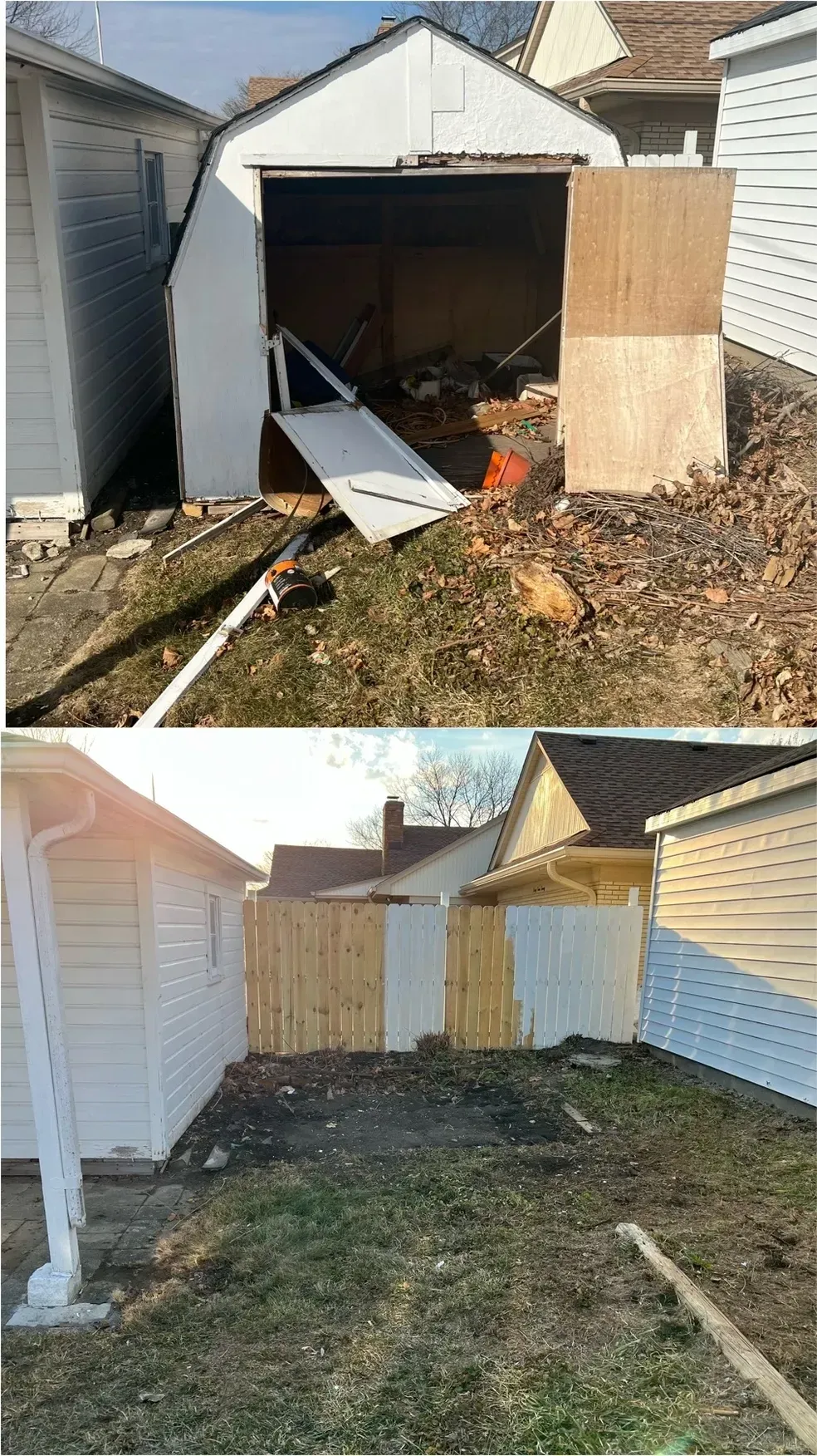 Shed demolition and cleanup before and after by Junk Team junk removal services