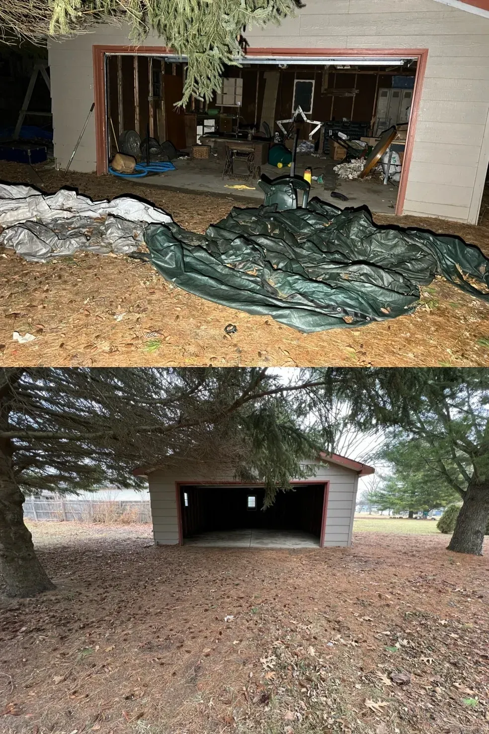 Garage clean out before and after showing full debris removal and cleared driveway by Junk Team