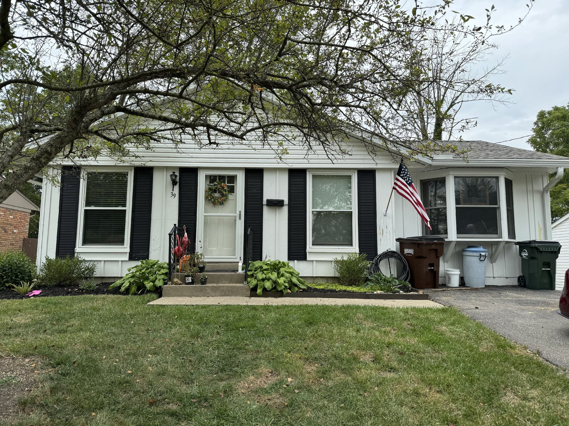 White house with black shutters, American flag, green lawn, tree branches.