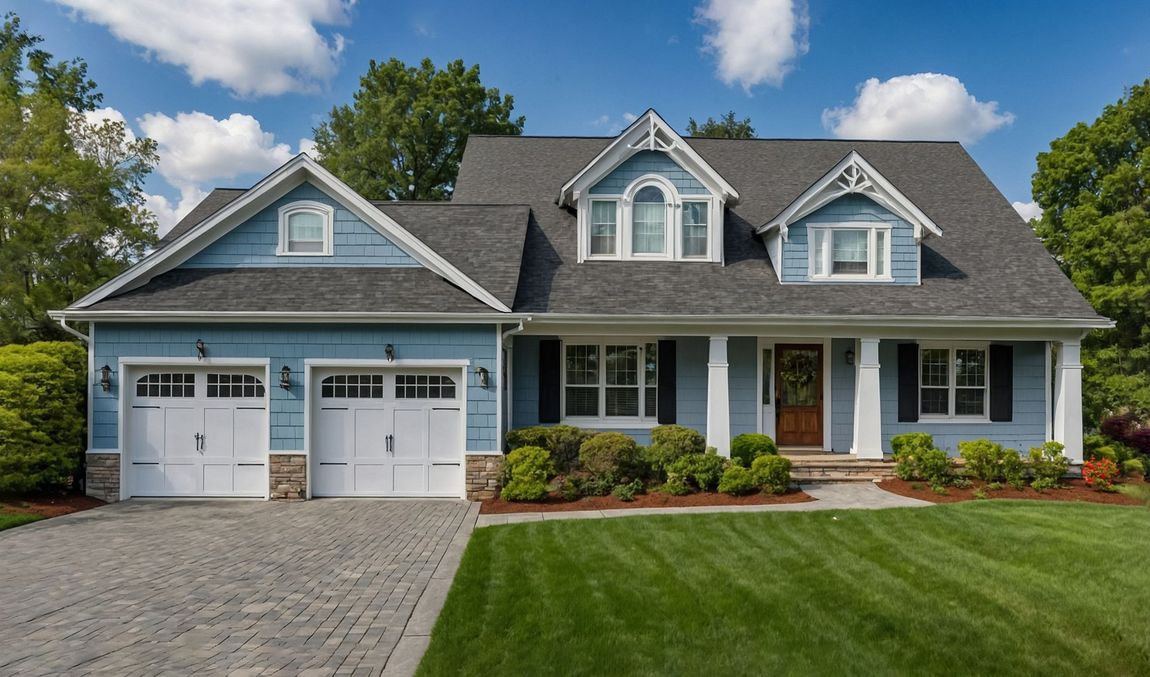 Blue house with a gray roof, white garage doors, and green lawn under a partly cloudy sky.