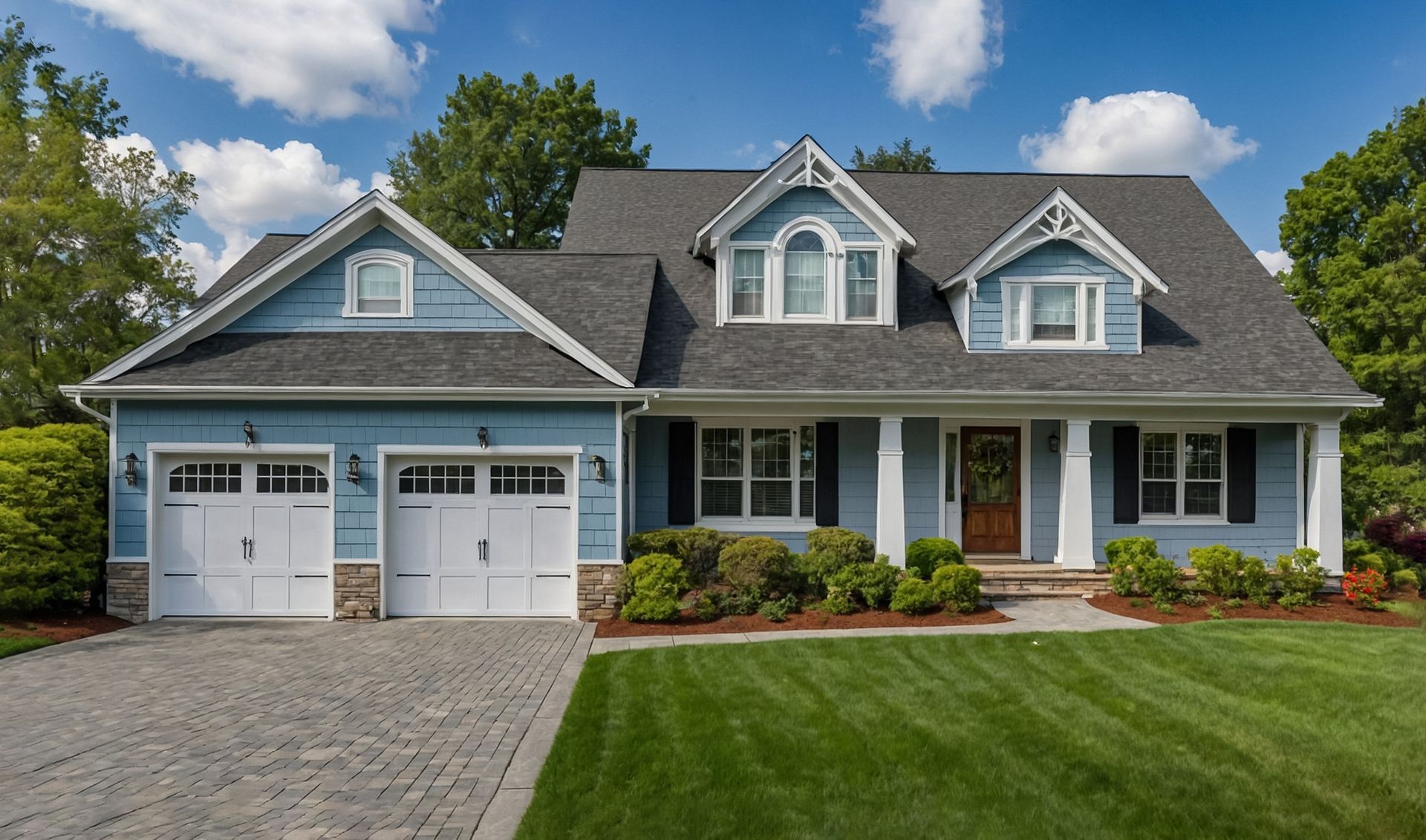 Blue house with a gray roof, white garage doors, and green lawn under a partly cloudy sky.