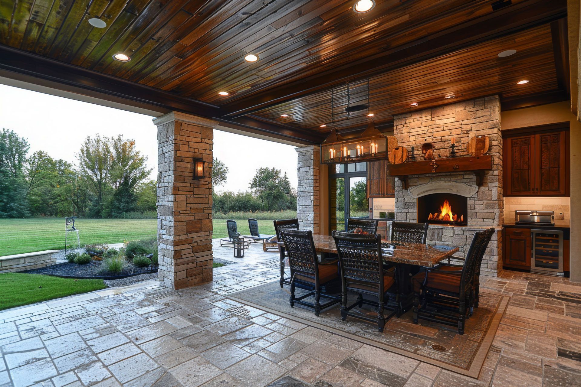 Covered outdoor patio with stone columns, fireplace, dining area, and view of a green lawn.