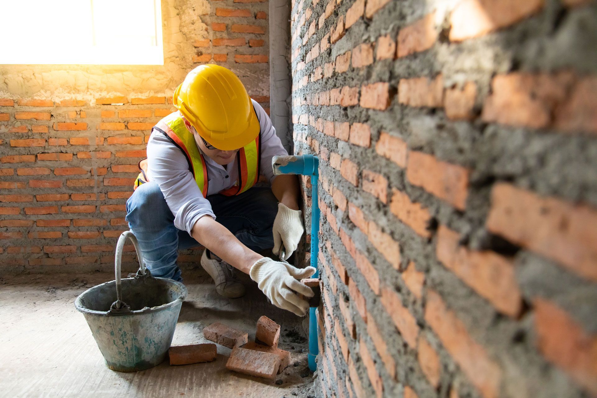 Construction worker in a yellow hard hat, working on a brick wall, near plumbing, in a building.