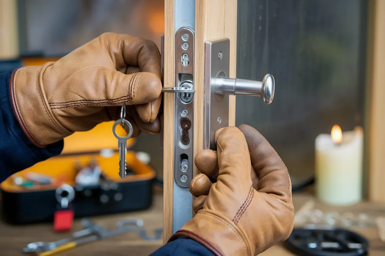 A man is fixing a door lock with a key.