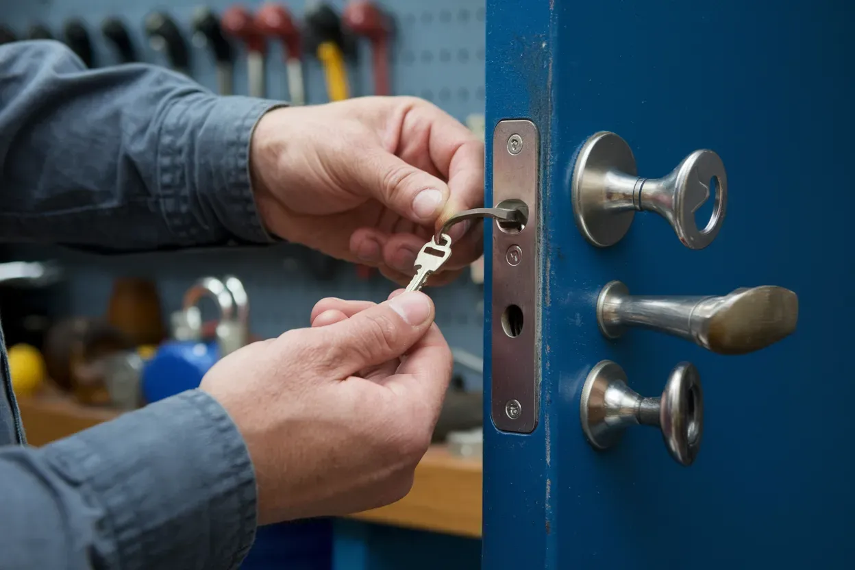 A man is fixing a door lock with a key.