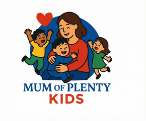 Logo: Smiling mother hugging a child, two kids jumping with joy, red heart, and blue circle. 