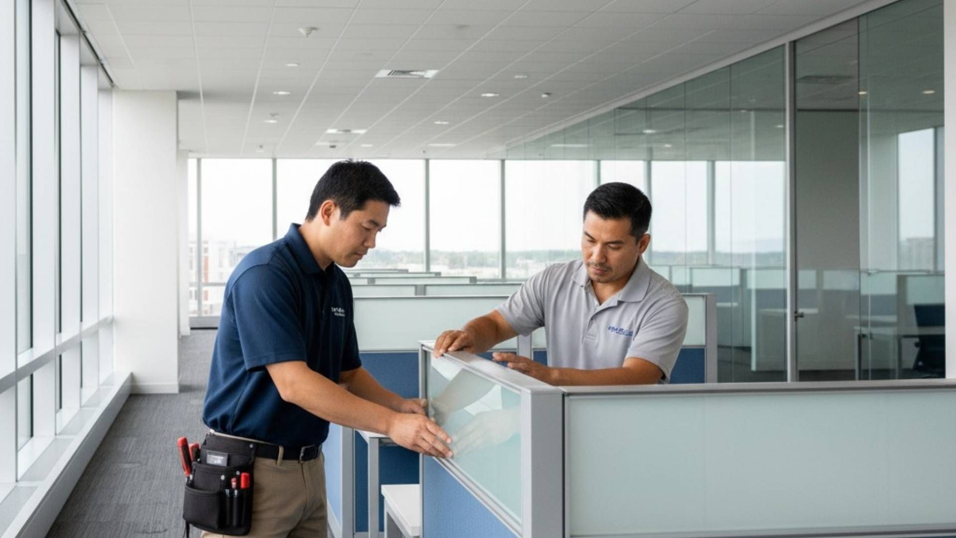 Construction workers installing drywall in an office with glass walls; one worker uses a tool.
