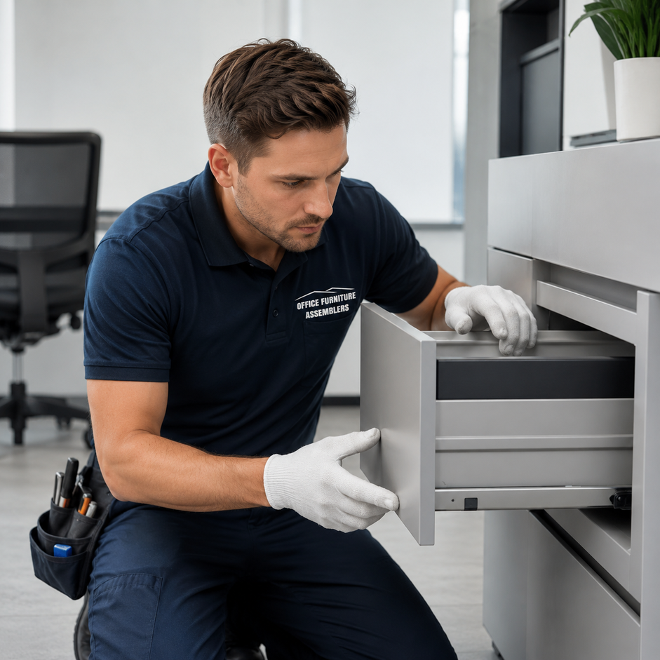 Technician in navy uniform checking an open gray filing cabinet drawer in a modern office