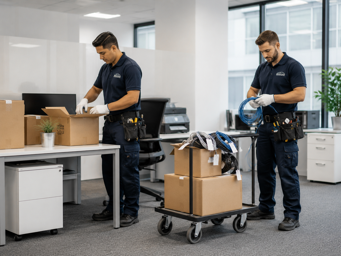 Two workers in a bright office unpacking and organizing boxes on desks and a cart