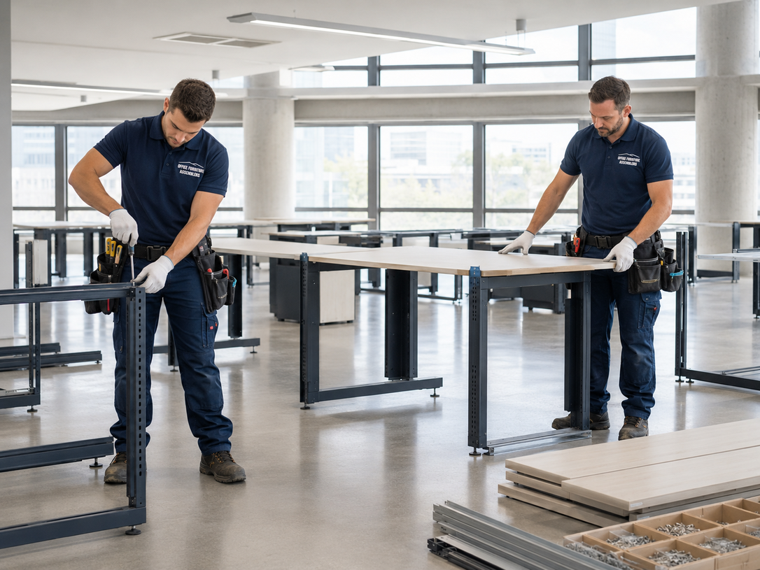 Two workers assembling black metal desks in a bright workshop with stacked panels nearby