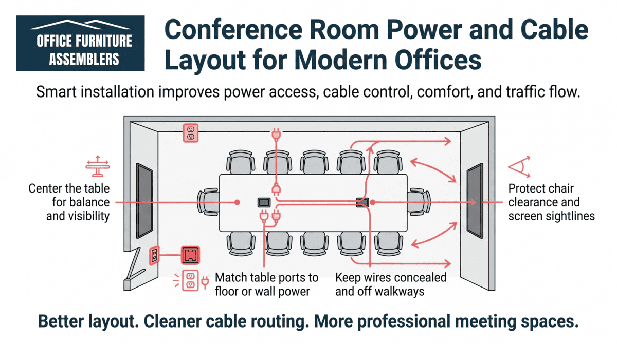 Conference room power and cable layout diagram with labeled cable routing and device placement