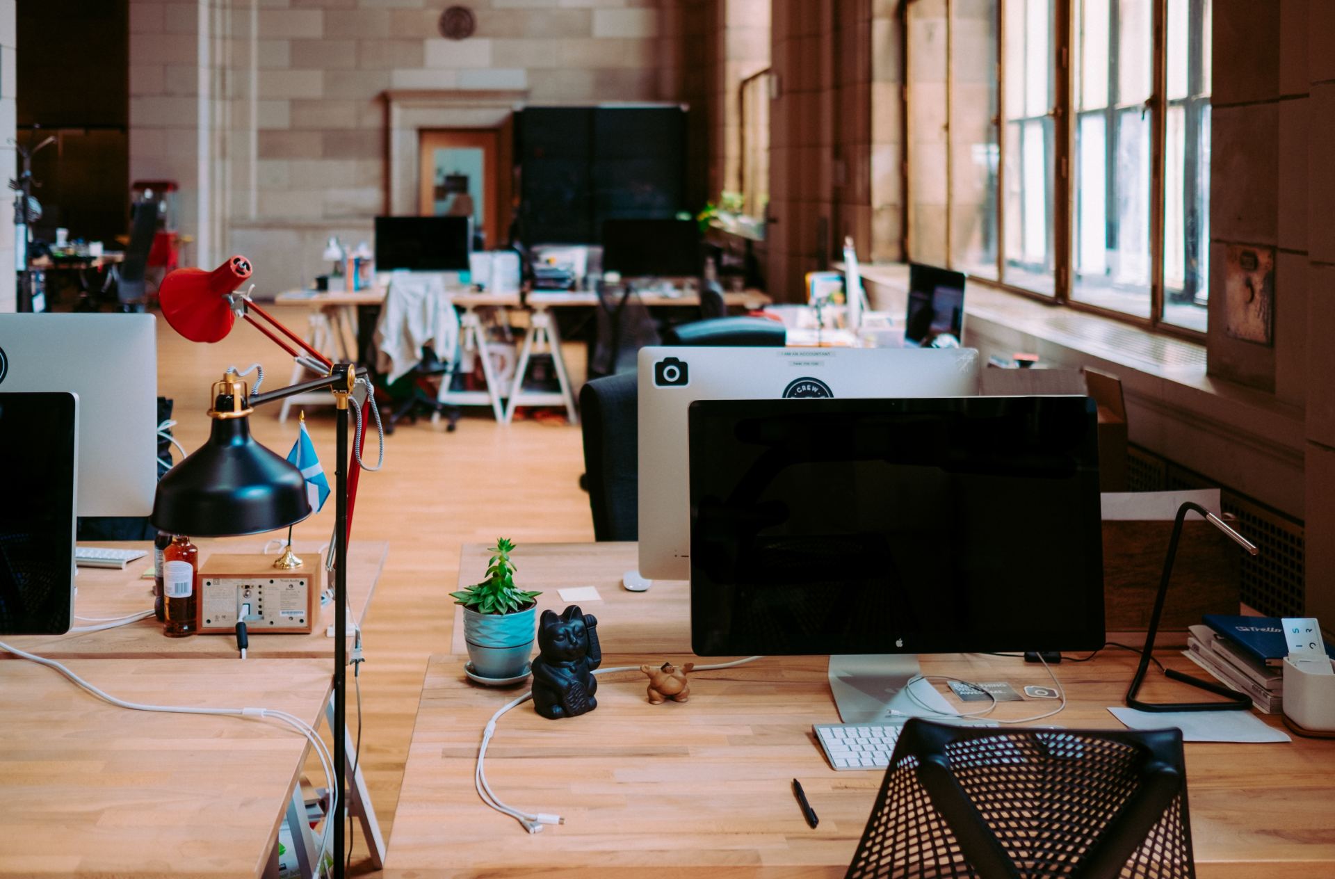 Open office space with computers, desks, plants, and a window. Brightly lit with neutral tones and modern decor.