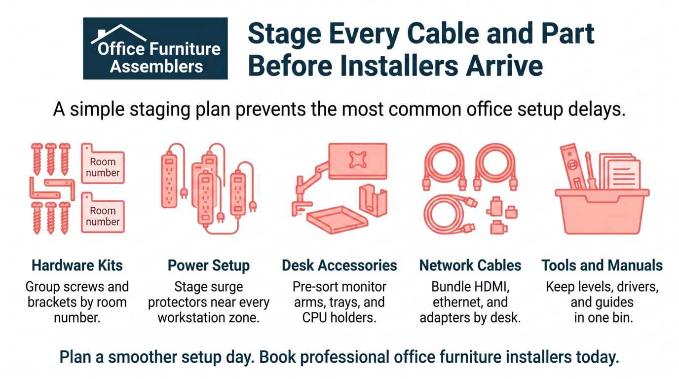 Office Furniture Assemblers infographic on staging cables and parts before installation, with icons for tools and hardware