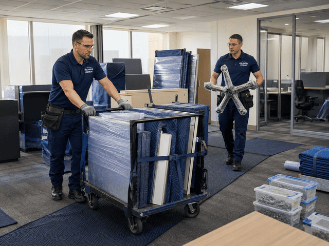 Two workers move wrapped office furniture on dollies in a warehouse or office storage area.