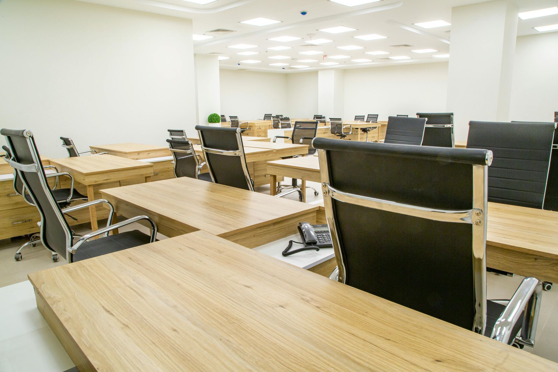 An empty modern office featuring several light wood desks and matching black chairs arranged in an open floor plan.
