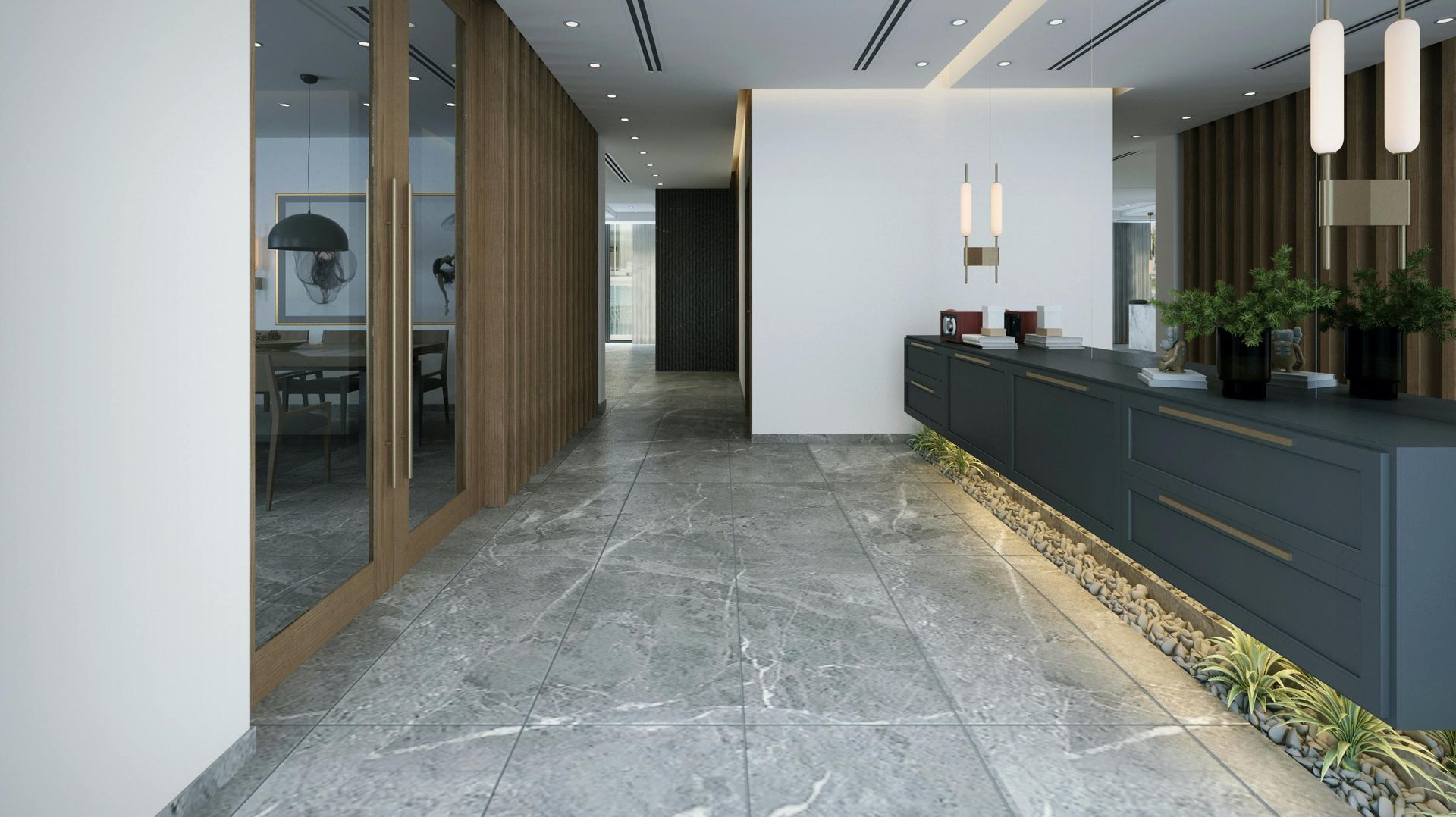 Modern office lobby with gray stone floor, wood-paneled wall, black reception desk, and hanging lights