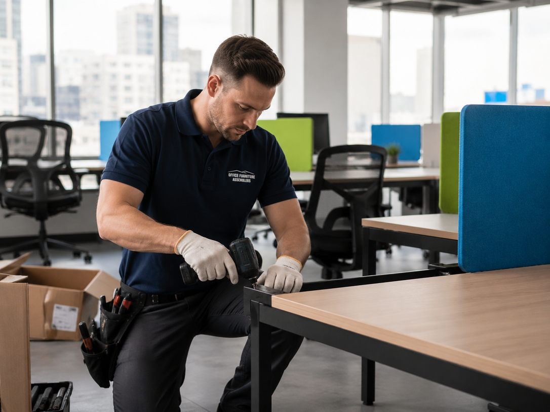 Worker tightening a desk leg in a modern office with boxes and chairs nearby