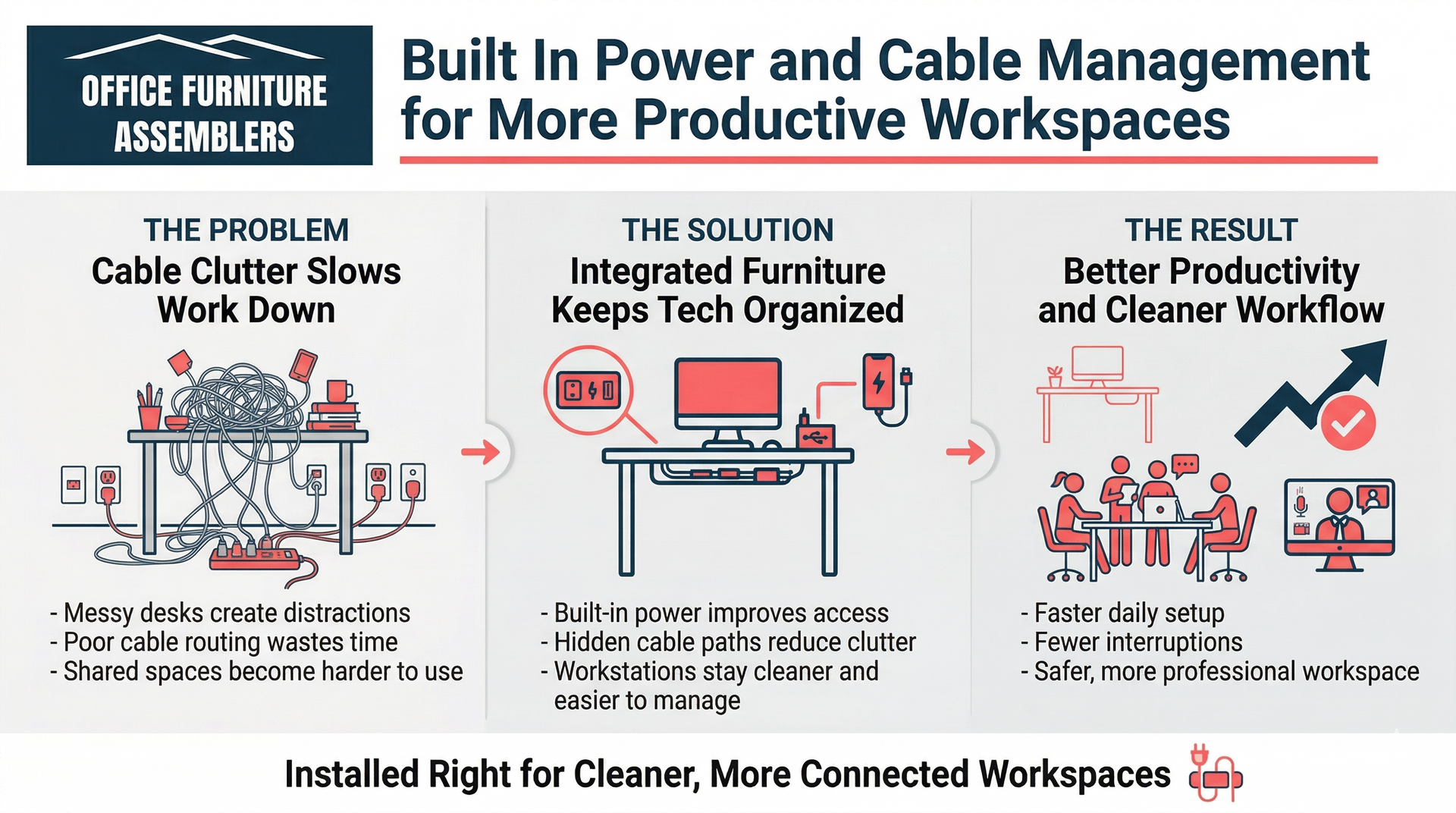 An infographic showing how integrated furniture power and cable management reduces clutter to improve workspace productivity.