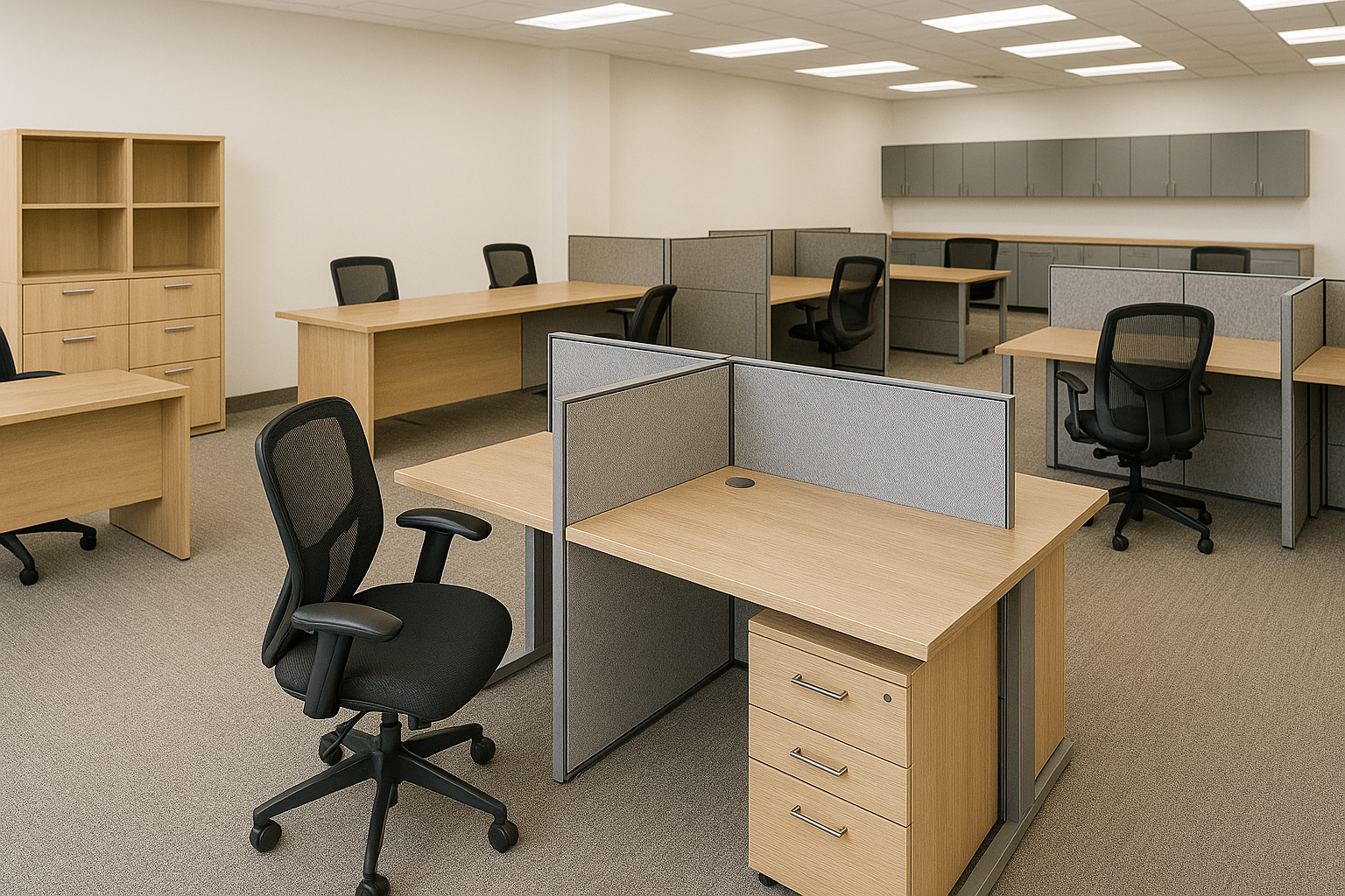 Empty office with beige desks, cubicles, black chairs, and neutral walls.