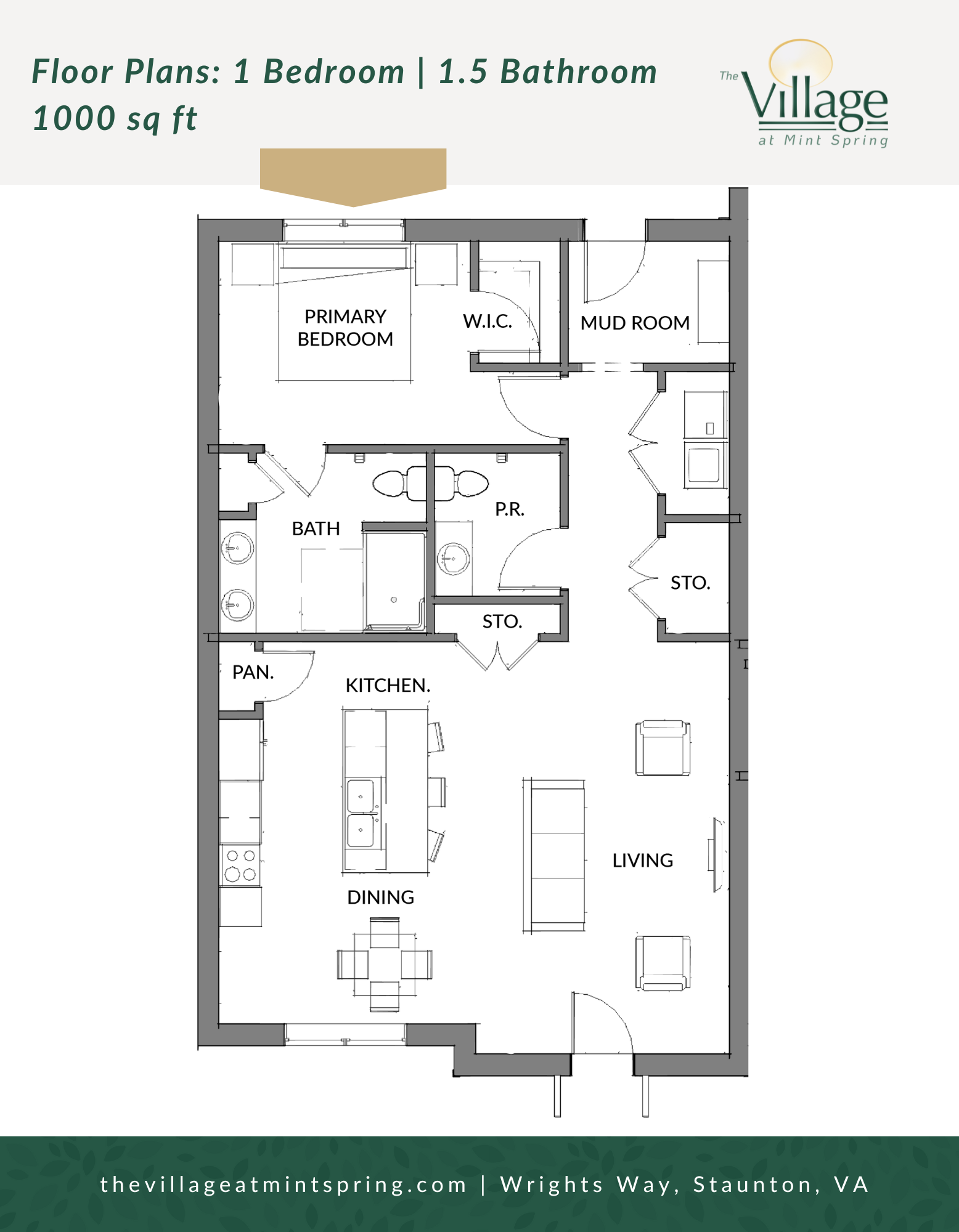 Floor plan of a 1-bedroom, 1.5-bathroom apartment (1000 sq ft). Includes kitchen, dining, living, and bedroom.