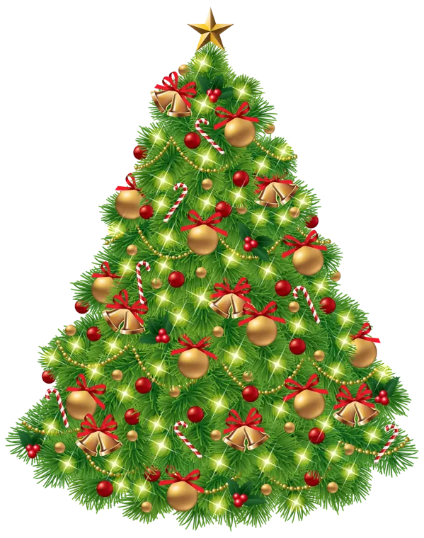 A christmas tree with red and gold decorations and a star on top.