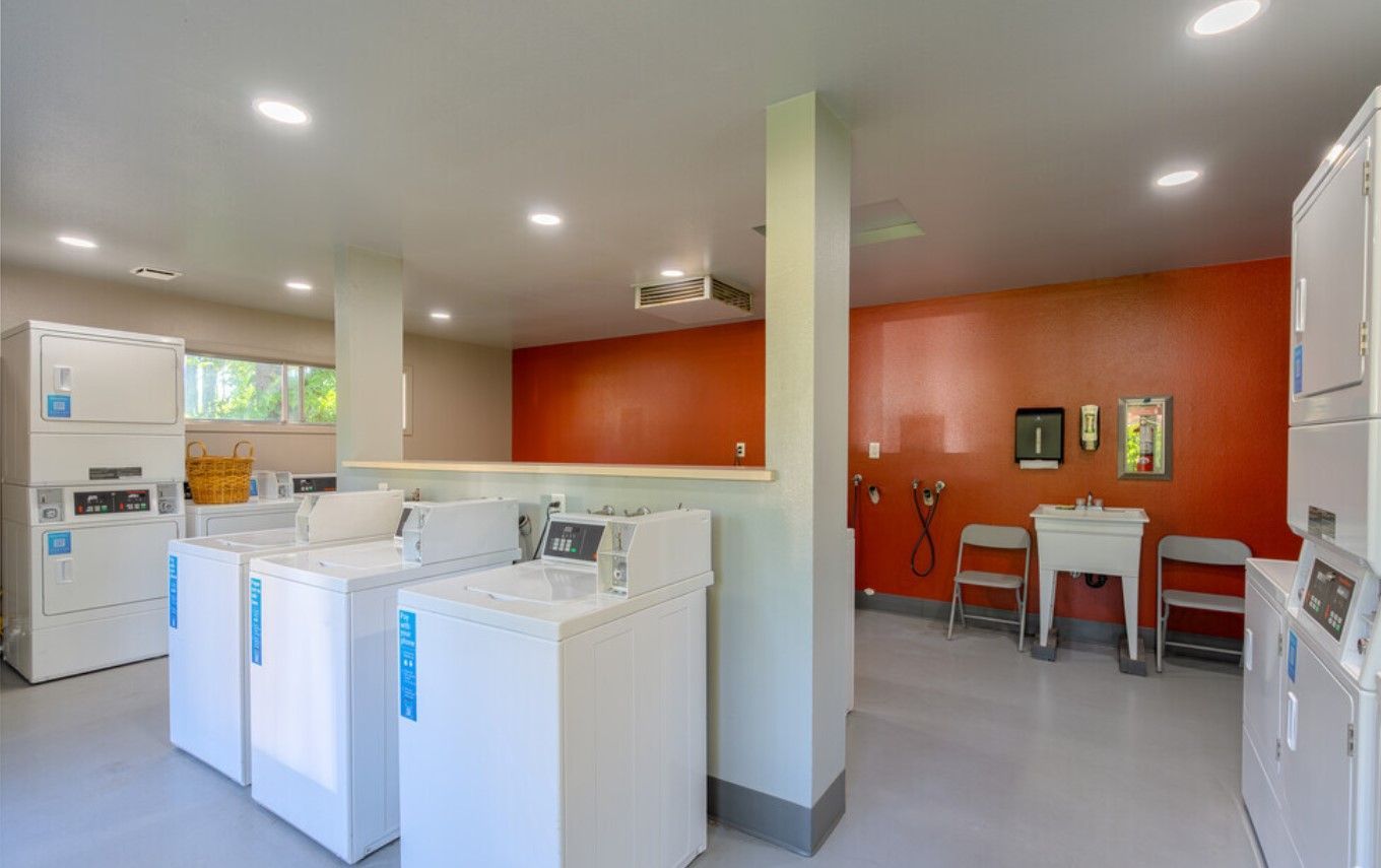 A laundromat with a lot of washers and dryers and a sink.