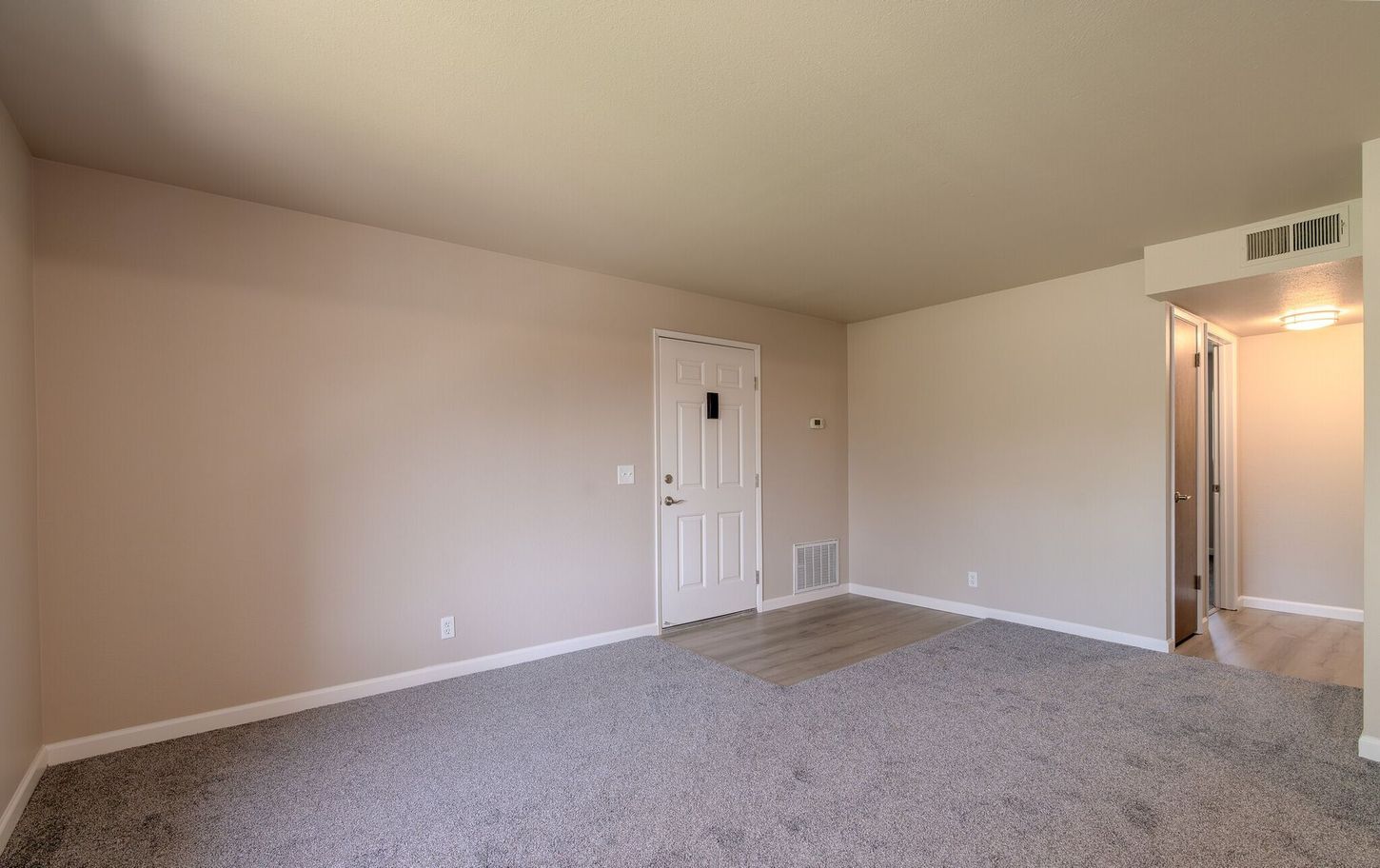 An empty living room with a carpeted floor and a door.