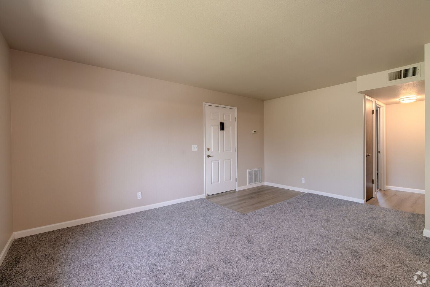 An empty living room with a carpeted floor and a door.