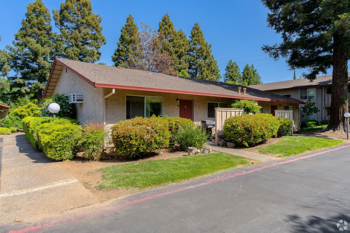 A house with a lot of bushes and trees in front of it