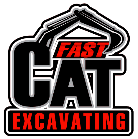 red, black, and white logo for fast cat excavating company