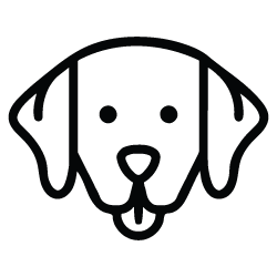 A black and white drawing of a dog's head with its tongue sticking out.