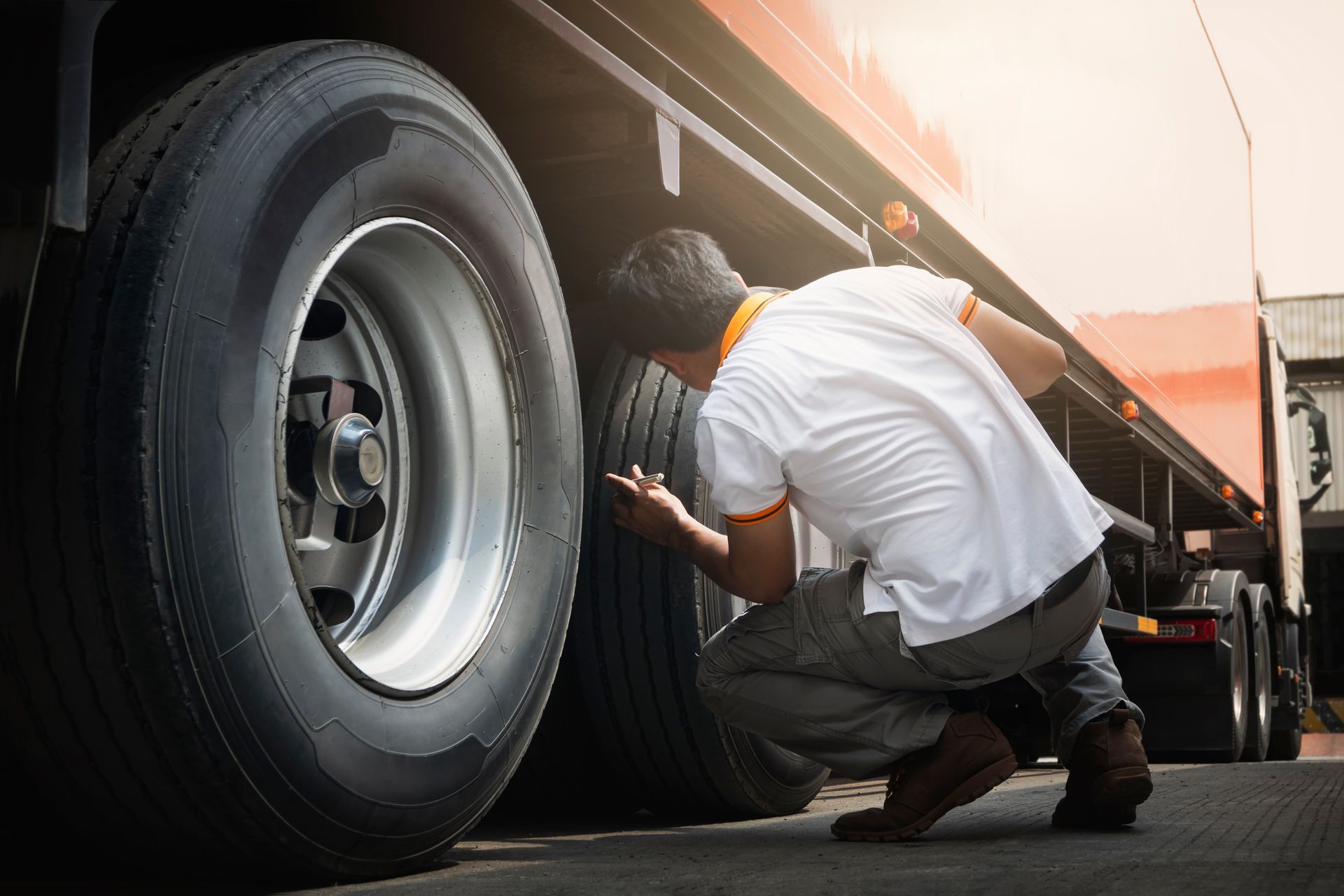 A man is kneeling down to check the tire of a semi truck.