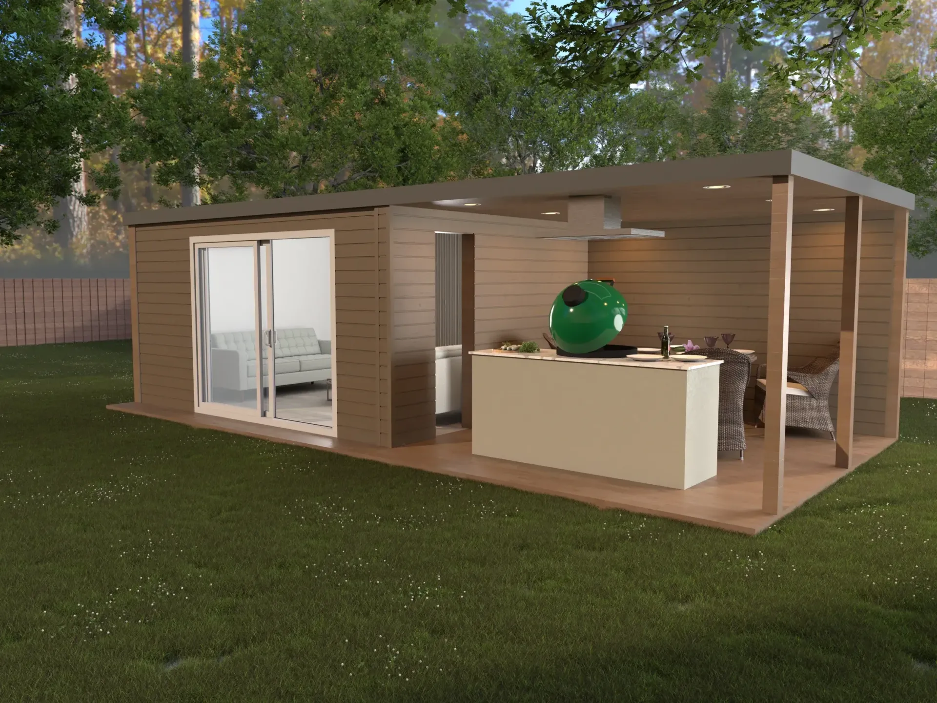 An artist 's impression of a small house with a kitchen