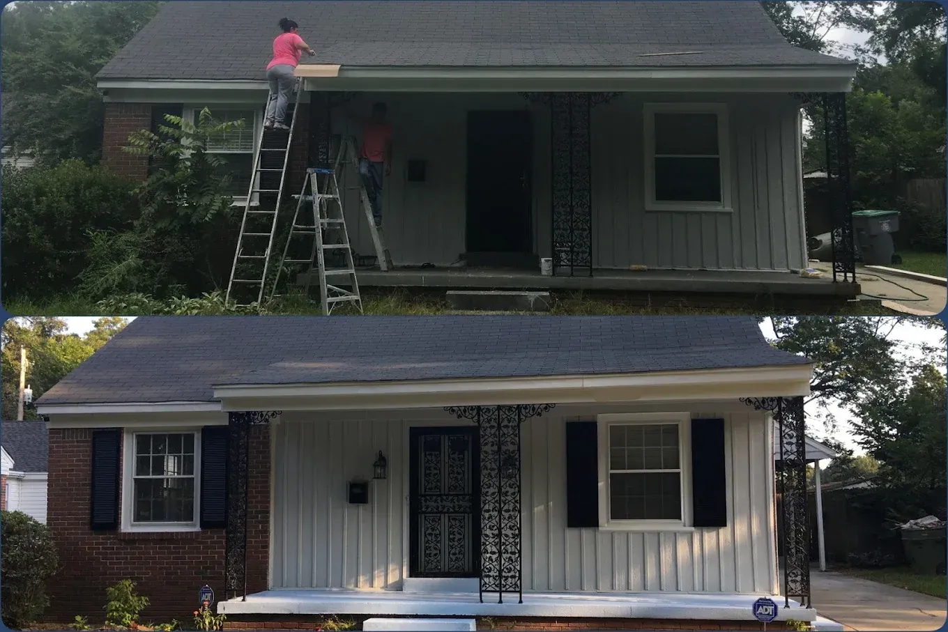 A before and after picture of a house being painted white.