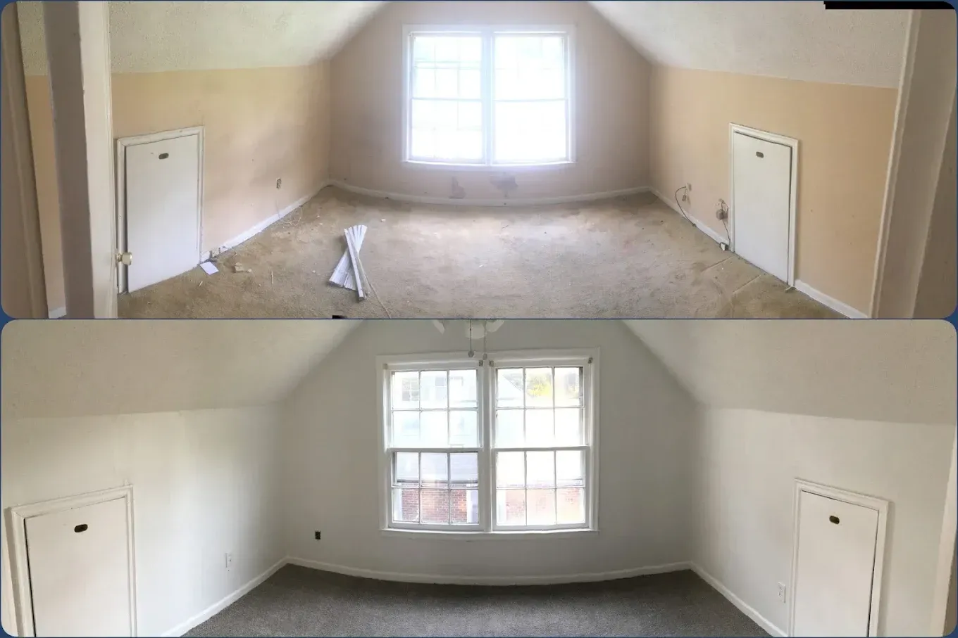 A before and after photo of an empty room with a window.
