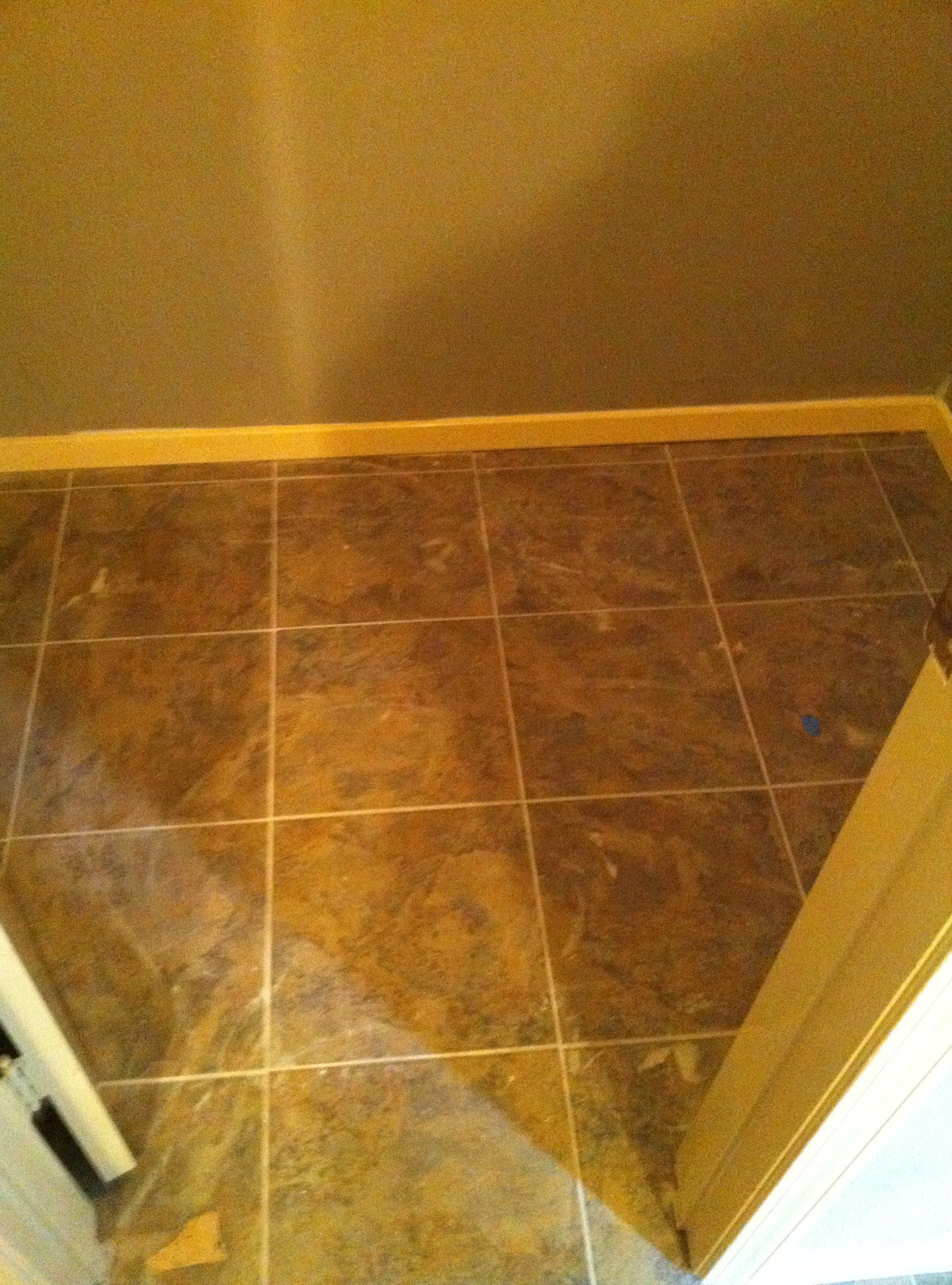 A tiled floor in a room next to a door.