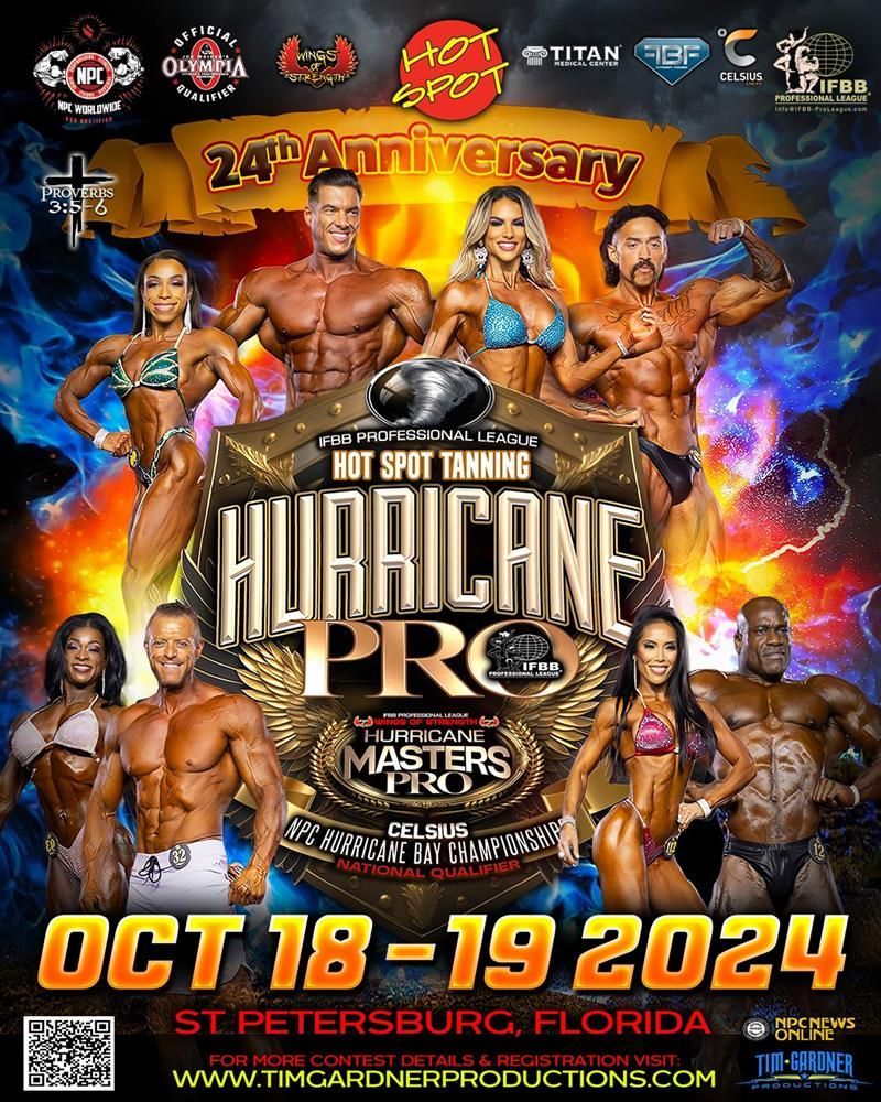 A poster for the hurricane pro bodybuilding competition in st petersburg , florida.