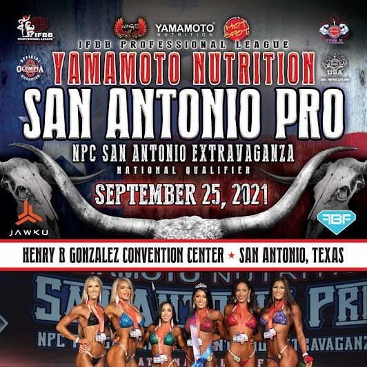 A group of women in bikinis are standing next to each other on a poster for yamamoto nutrition san antonio pro.