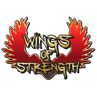 A logo for wings of strength with red and gold wings