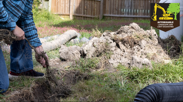 A man is digging a hole in the ground with a shovel.