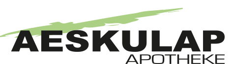 Logo für Aesculap Apotheke, schwarzer Text auf grünem, geschwungenem Grund. Darunter „Apotheke“.