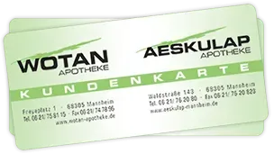 Zwei grüne Kundenkarten mit den Logos „WOTAN Apotheke“ und „AESKULAP Apotheke“ sowie Kontaktinformationen.