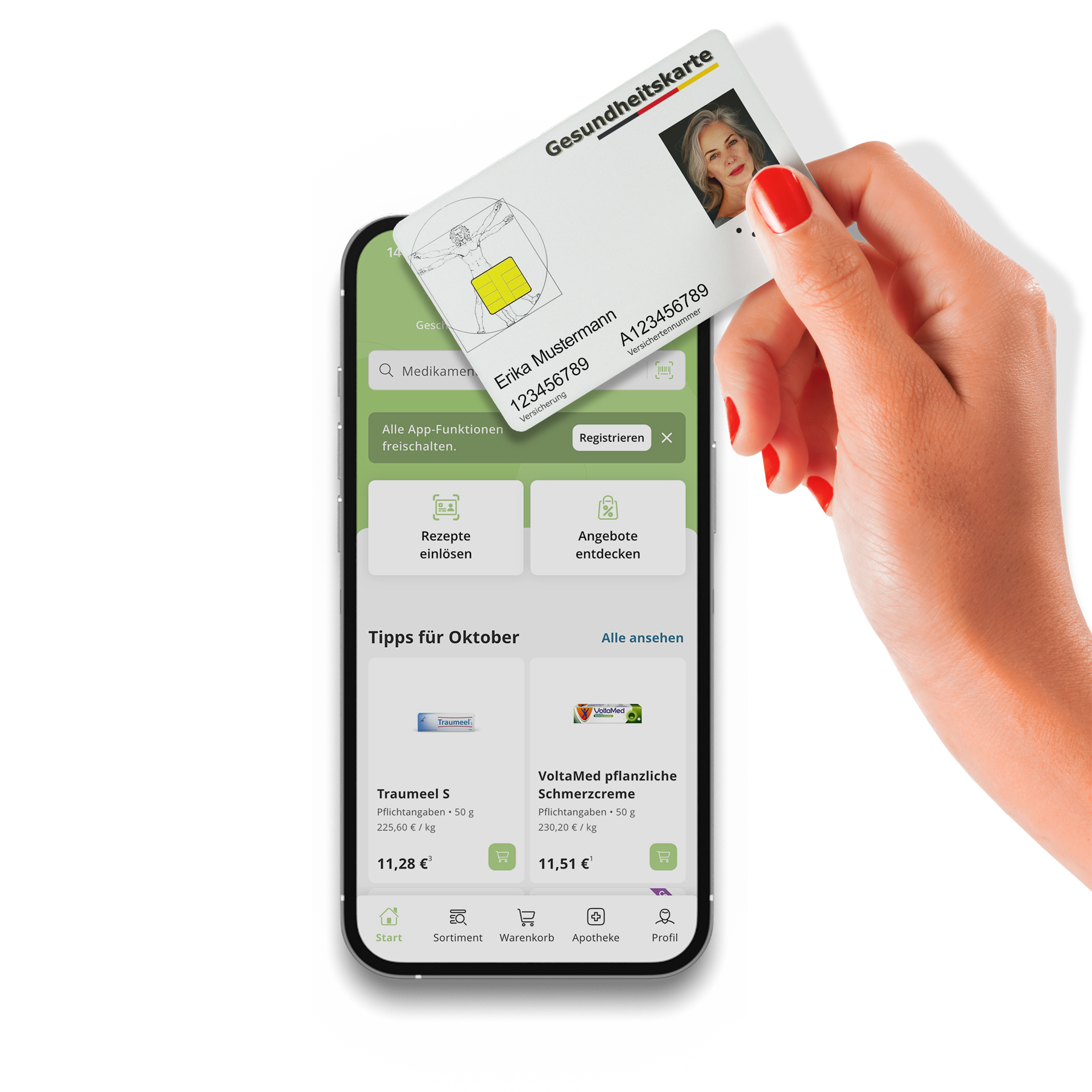 Eine Hand hält eine deutsche Krankenversicherungskarte über ein Smartphone, auf dem eine App-Oberfläche angezeigt wird.