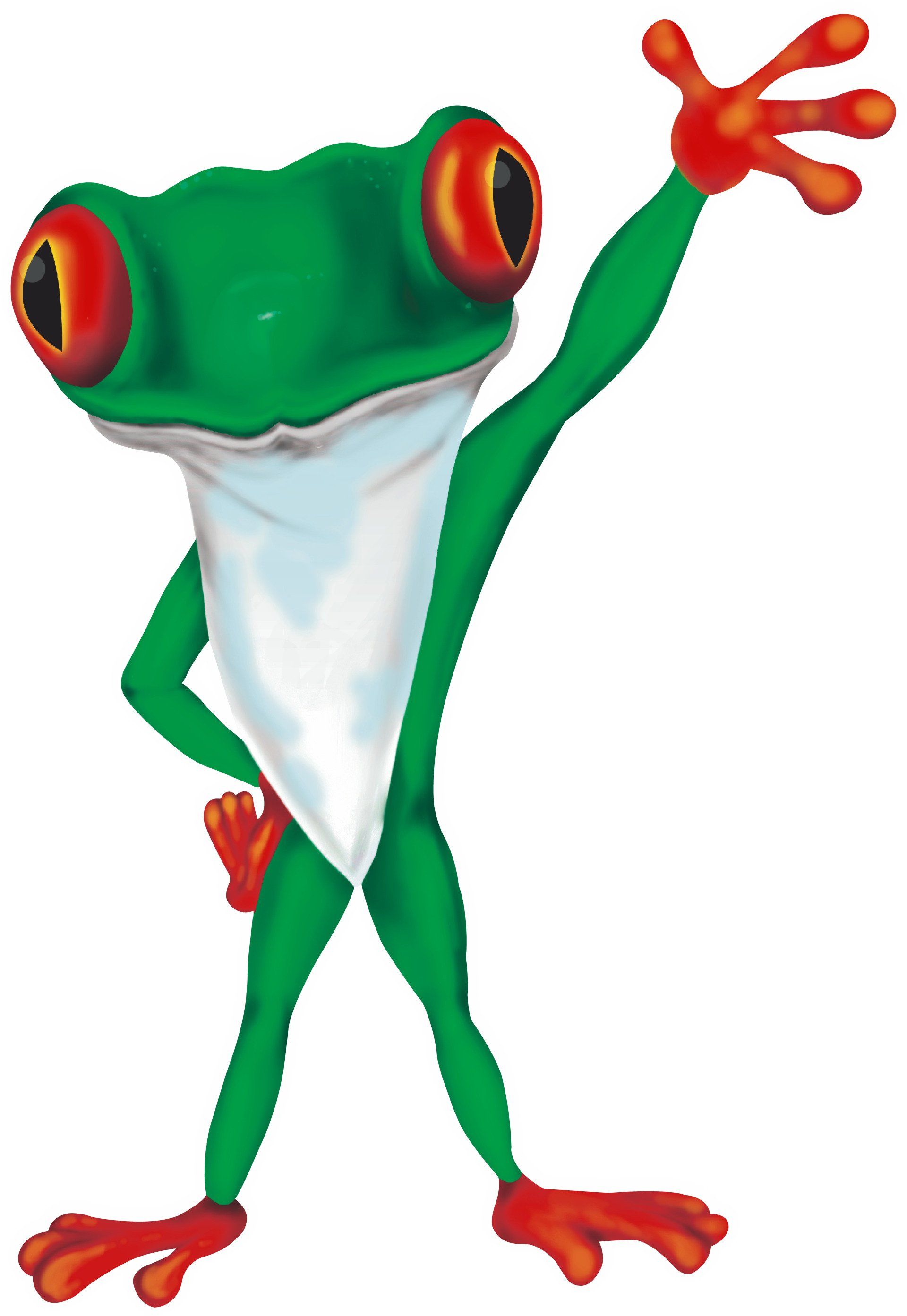 A green and white frog with red eyes is waving