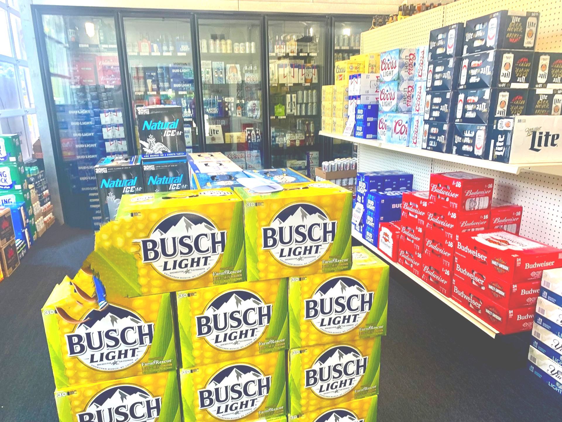 A display of busch light beer in a store.
