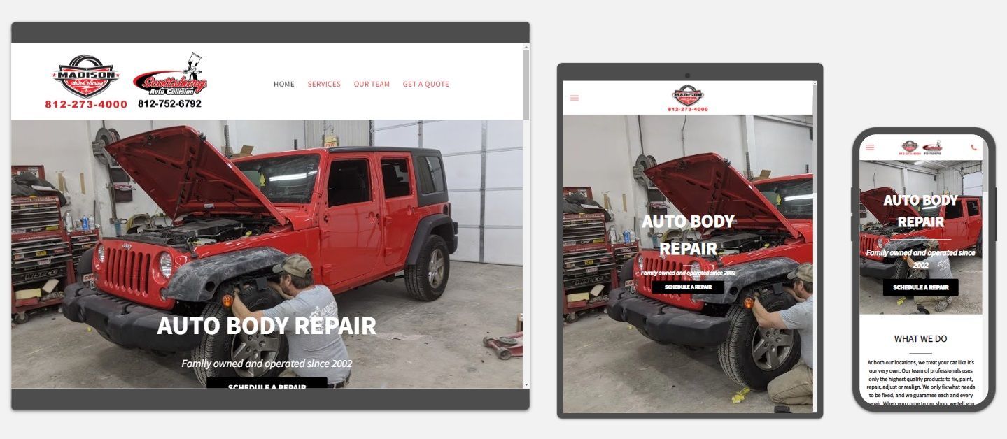 A red jeep is being repaired in a garage on a website.