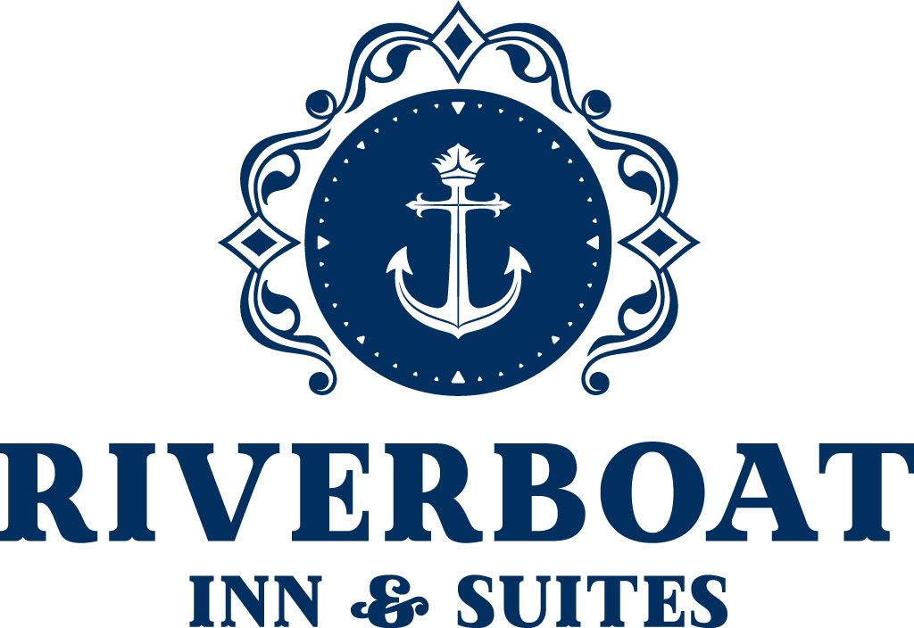 A logo for riverboat inn and suites with an anchor in a circle.