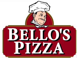 A logo for bello 's pizza with a chef on it